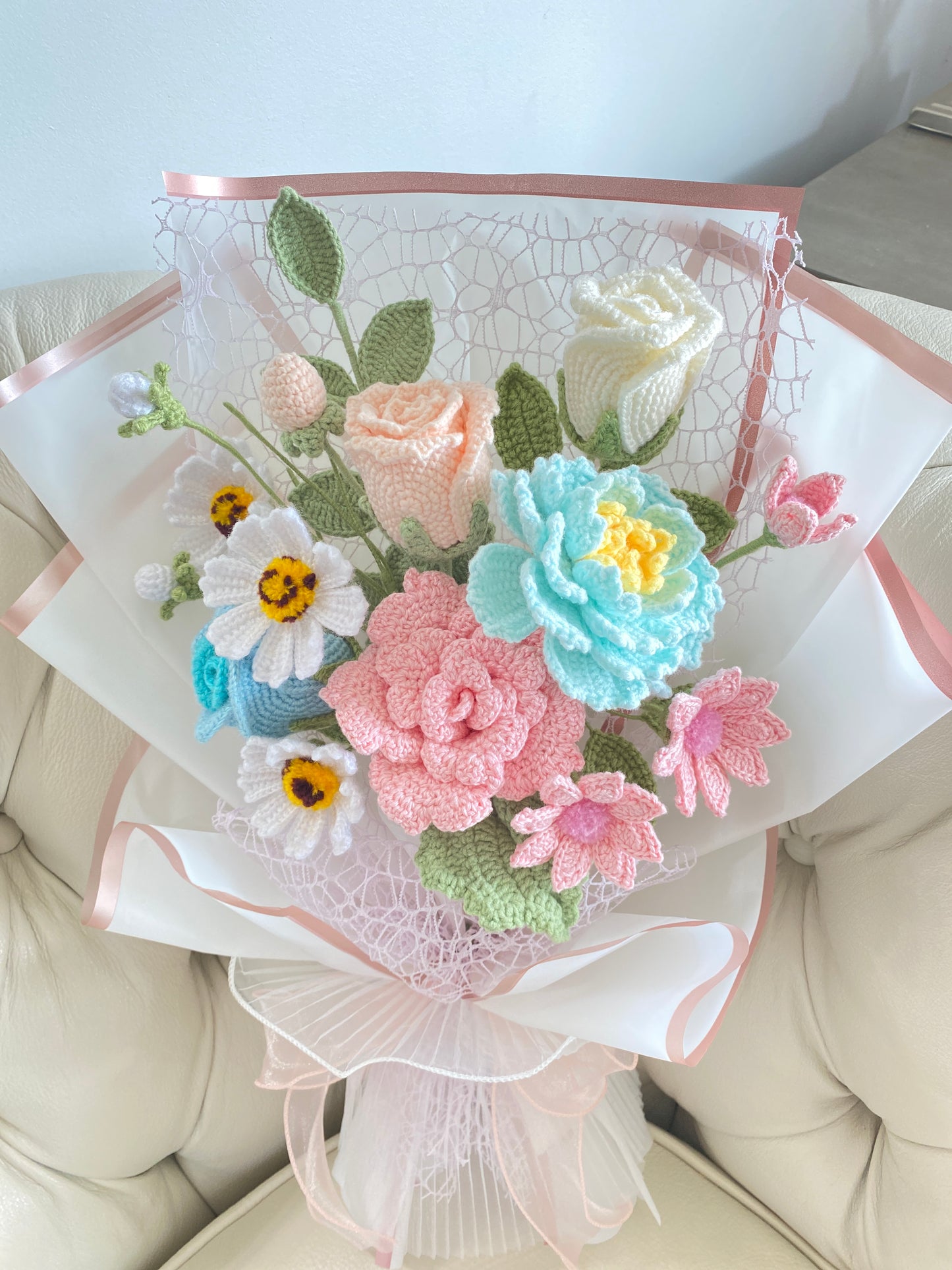 Pink & Blue Crochet Bouquet