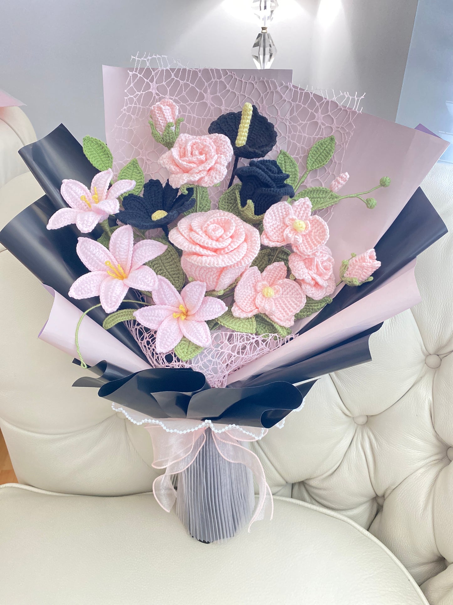 Pink & Black Crochet Bouquet