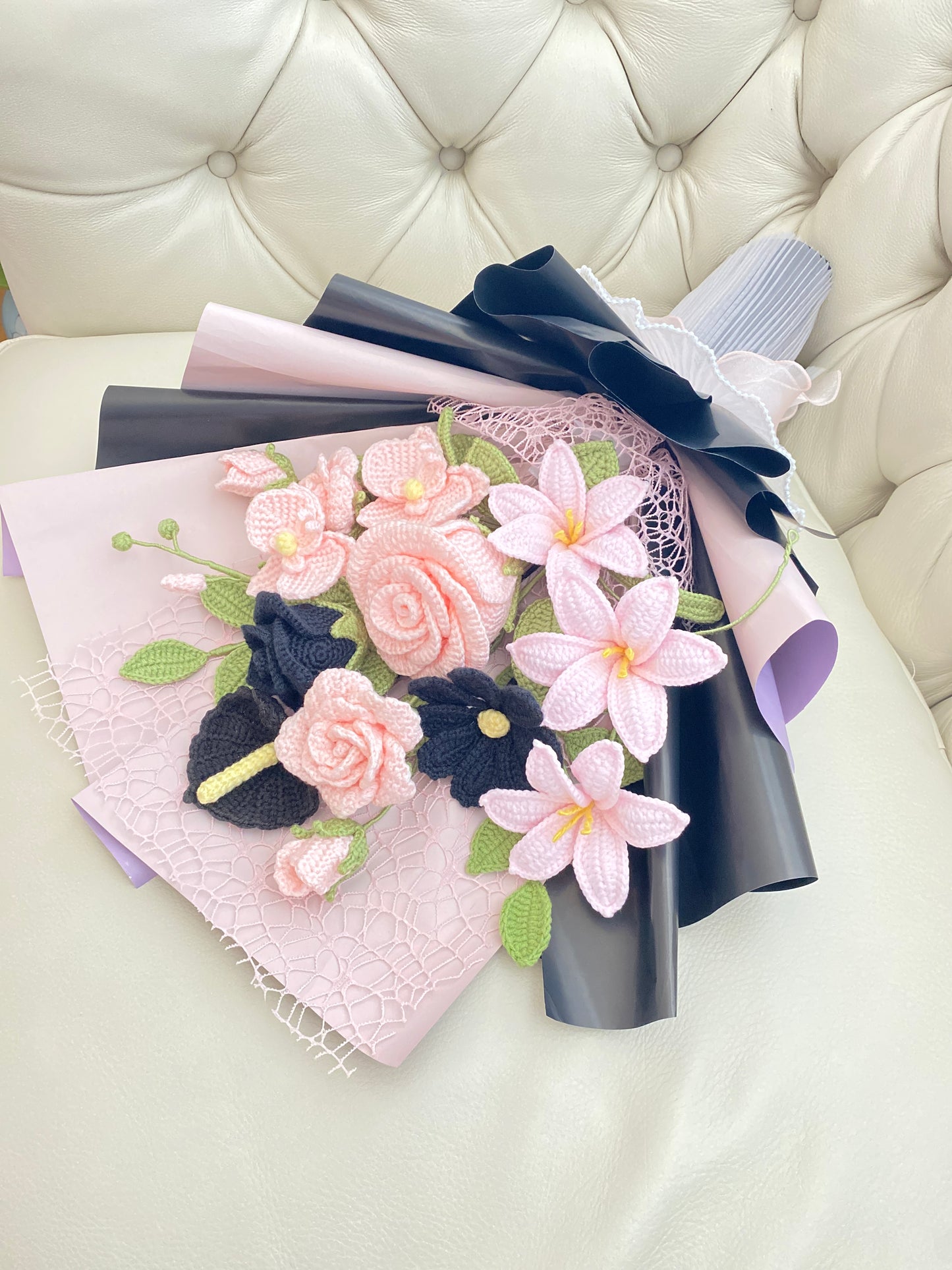 Pink & Black Crochet Bouquet