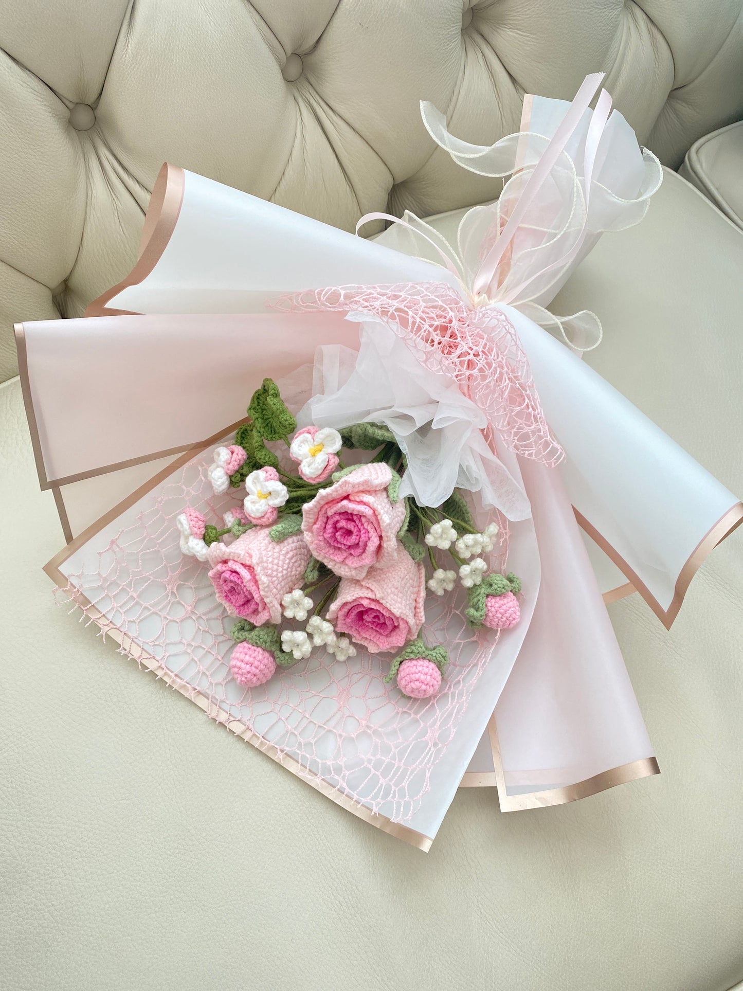 Pink Rose Crochet Bouquet