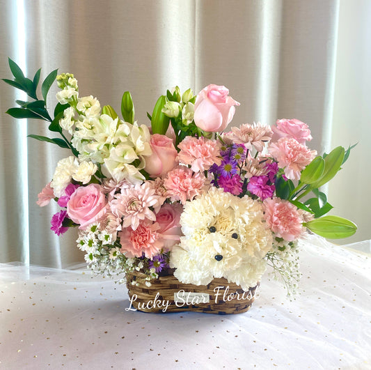 Fresh Flower Teddy Dog Flower Basket