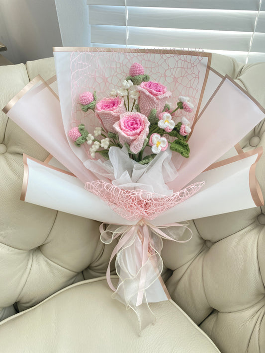 Pink Rose Crochet Bouquet